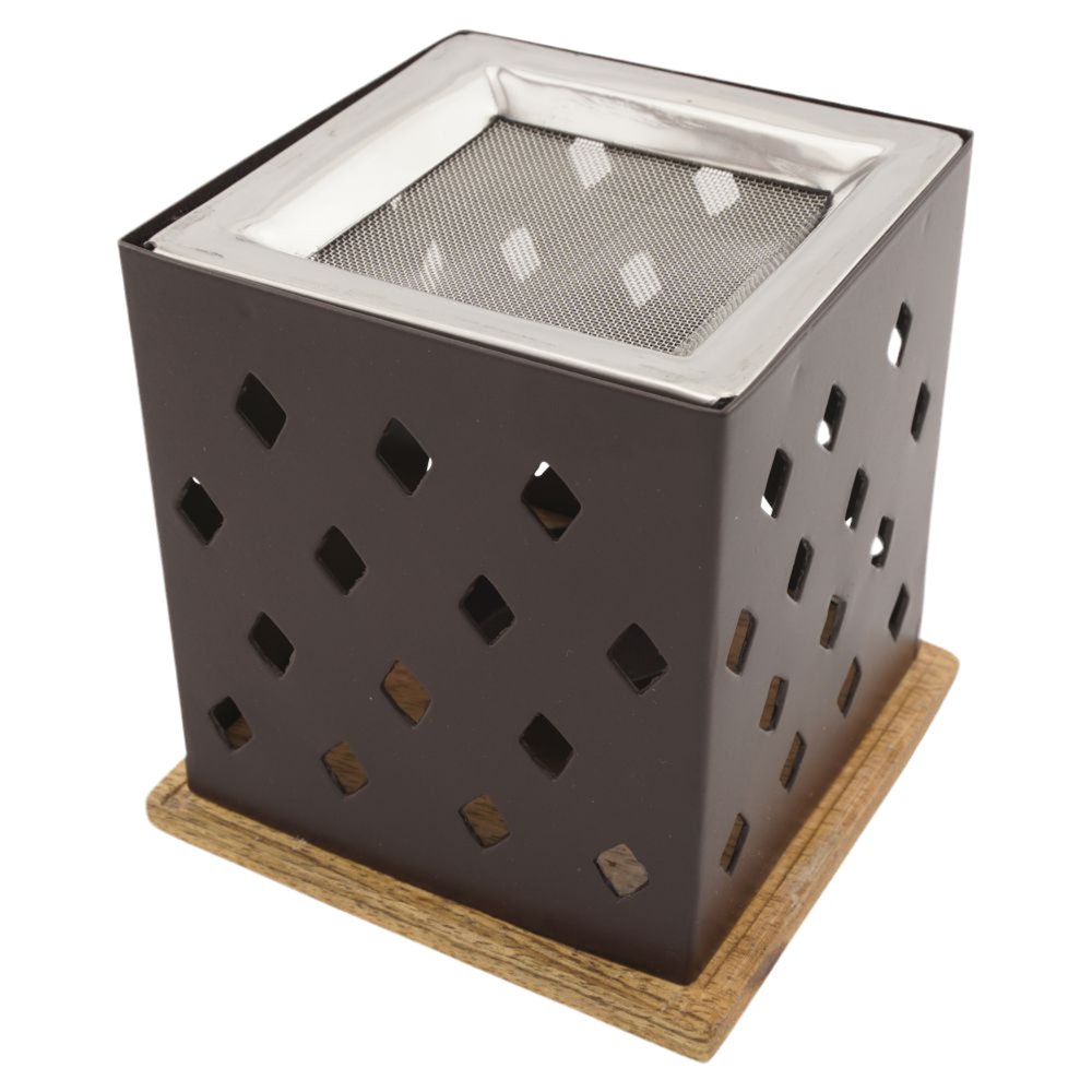 Räucherstövchen “Arvin” aus Metall & Holz – Geometrische Eleganz für sanftes Räuchern mit quadratischem Edelstahlsieb & Metallscheibe