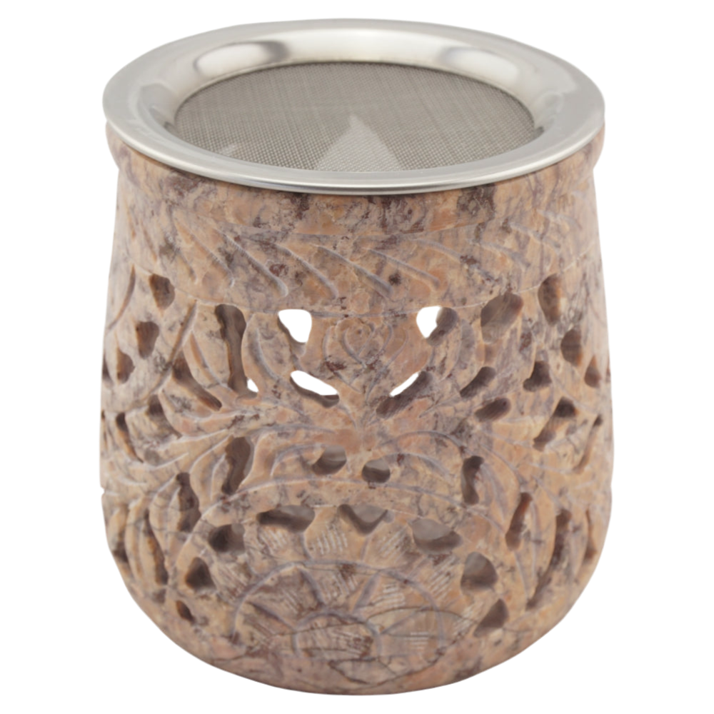 Räucherstövchen “Jamal” aus indischem Speckstein – Rosétöne, handgefertigt – Mit Edelstahlsieb & Metallscheibe für sanftes Räuchern von Weihrauch & Kräutern