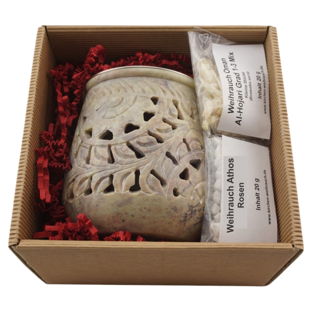 Geschenkset Räucherstövchen Speckstein „Jamal“ – mit Metallsieb, Metallscheibe, 20 g Premium Weihrauch Al-Hojari & 20 g Weihrauch Athos Rosen – In hochwertiger Geschenkbox mit Räucheranleitung