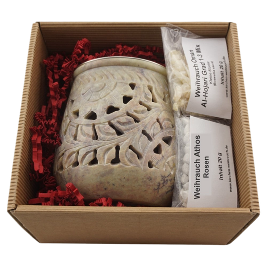 Geschenkset Räucherstövchen Speckstein „Jamal“ – mit Metallsieb, Metallscheibe, 20 g Premium Weihrauch Al-Hojari & 20 g Weihrauch Athos Rosen – In hochwertiger Geschenkbox mit Räucheranleitung