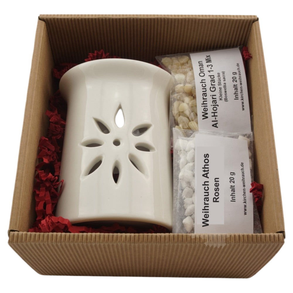Geschenkset „Sternenblume“ – Räucherstövchen Keramik mit Metallsieb, Metallscheibe & Premium Weihrauch Al-Hojari & Athos Rosen – In hochwertiger Geschenkbox
