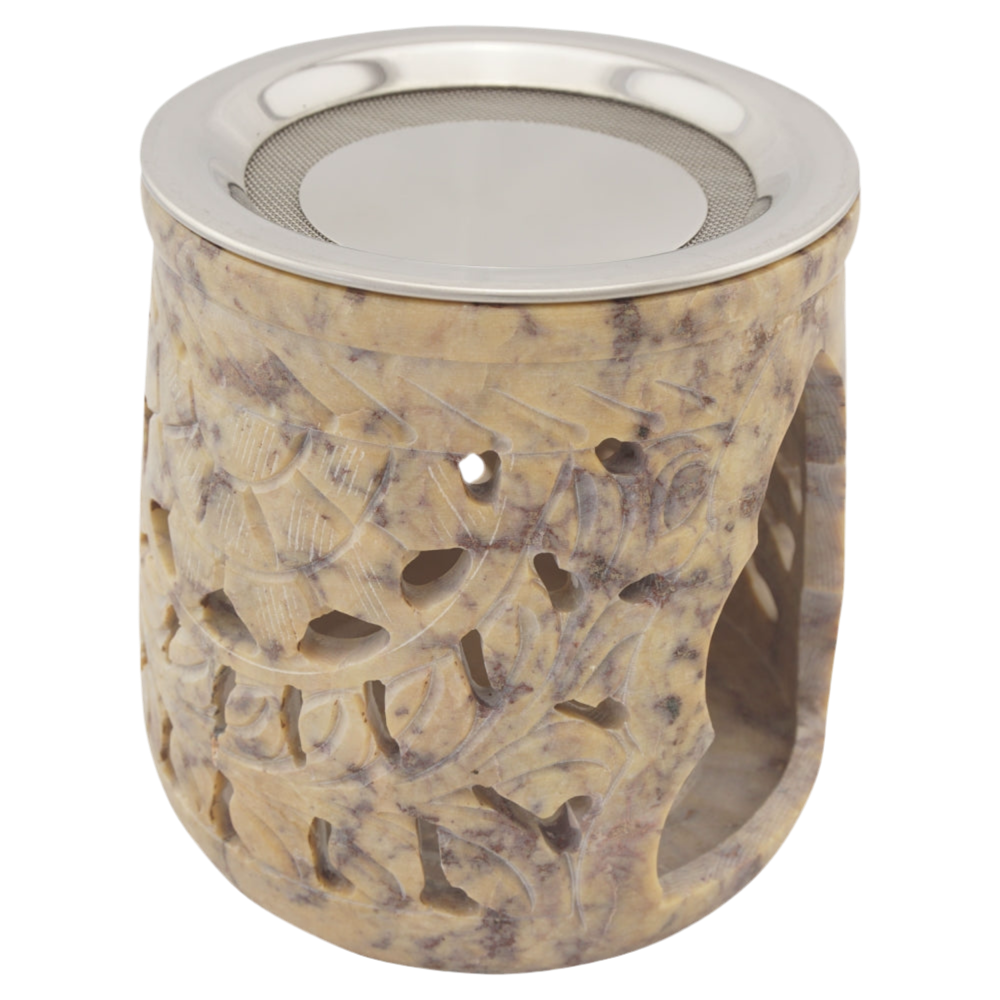 Räucherstövchen “Jamal” aus indischem Speckstein – Beigetöne, handgefertigt – Mit Edelstahlsieb & Metallscheibe für sanftes Räuchern von Weihrauch & Kräutern