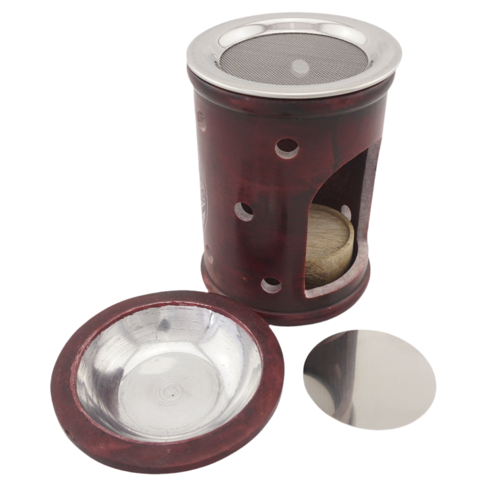 Duftlampe & Räucherstövchen „Ninurta“ aus Speckstein – Mit Schale, Edelstahlsieb, Metallscheibe & Podest – Für Duftöle, Weihrauch & Kräuter