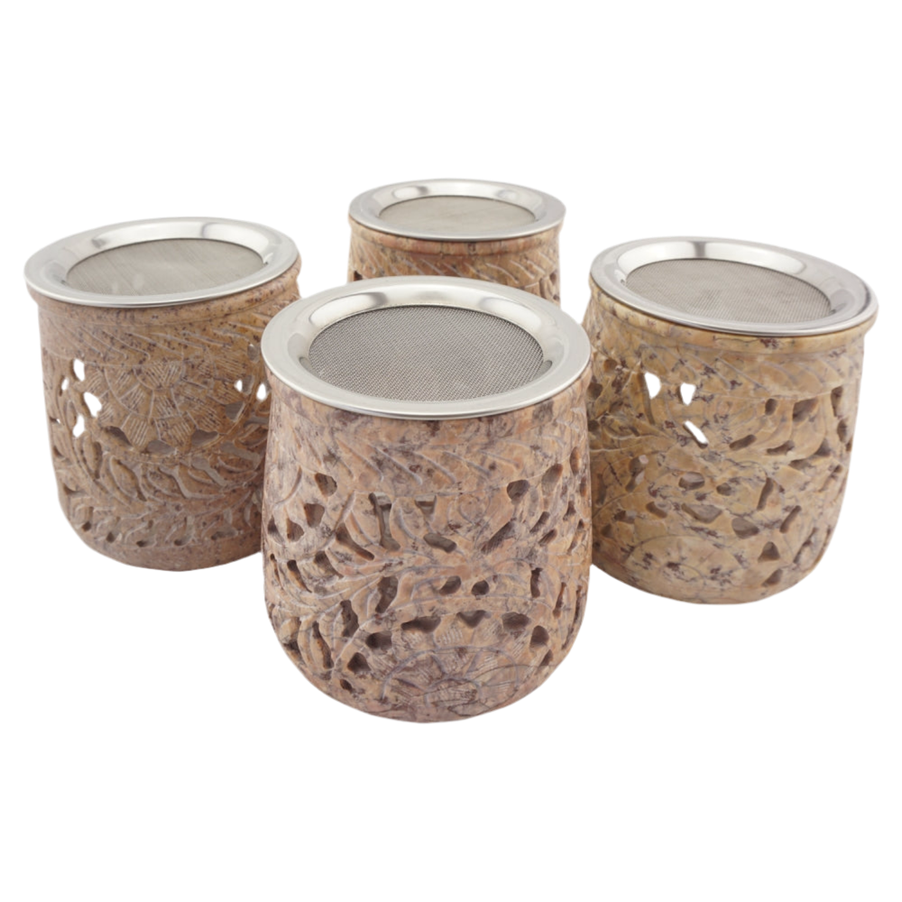 Räucherstövchen “Jamal” aus indischem Speckstein – Rosétöne, handgefertigt – Mit Edelstahlsieb & Metallscheibe für sanftes Räuchern von Weihrauch & Kräutern