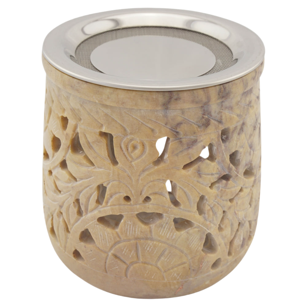 Räucherstövchen “Jamal” aus indischem Speckstein – Beigetöne, handgefertigt – Mit Edelstahlsieb & Metallscheibe für sanftes Räuchern von Weihrauch & Kräutern