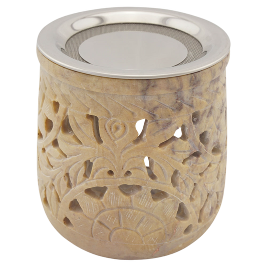 Räucherstövchen “Jamal” aus indischem Speckstein – Beigetöne, handgefertigt – Mit Edelstahlsieb & Metallscheibe für sanftes Räuchern von Weihrauch & Kräutern