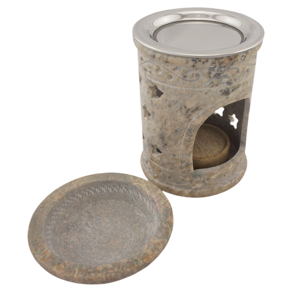 Duftlampe & Räucherstövchen „Sonne“ aus Speckstein – Mit Schale, Edelstahlsieb, Metallscheibe & Podest für sanftes Räuchern & Aromatherapie