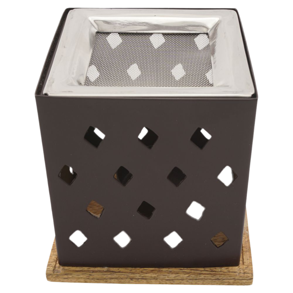 Räucherstövchen “Arvin” aus Metall & Holz – Geometrische Eleganz für sanftes Räuchern mit quadratischem Edelstahlsieb & Metallscheibe