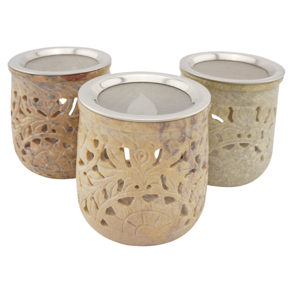 Räucherstövchen “Jamal” aus indischem Speckstein – Beigetöne, handgefertigt – Mit Edelstahlsieb & Metallscheibe für sanftes Räuchern von Weihrauch & Kräutern