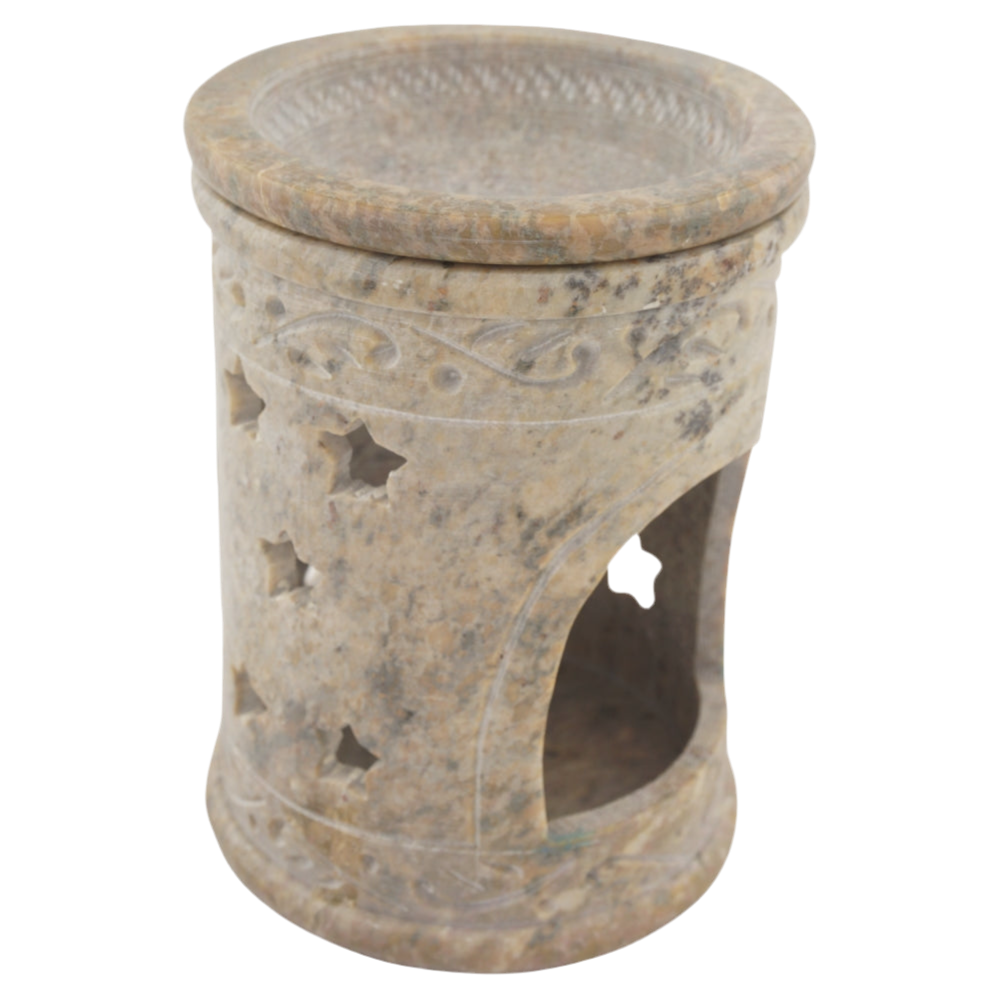 Duftlampe „Sonne“ aus Speckstein – Mit Schale für ätherische Öle & Aromatherapie – Handgefertigt mit Sonnen- & Sternenmotiv