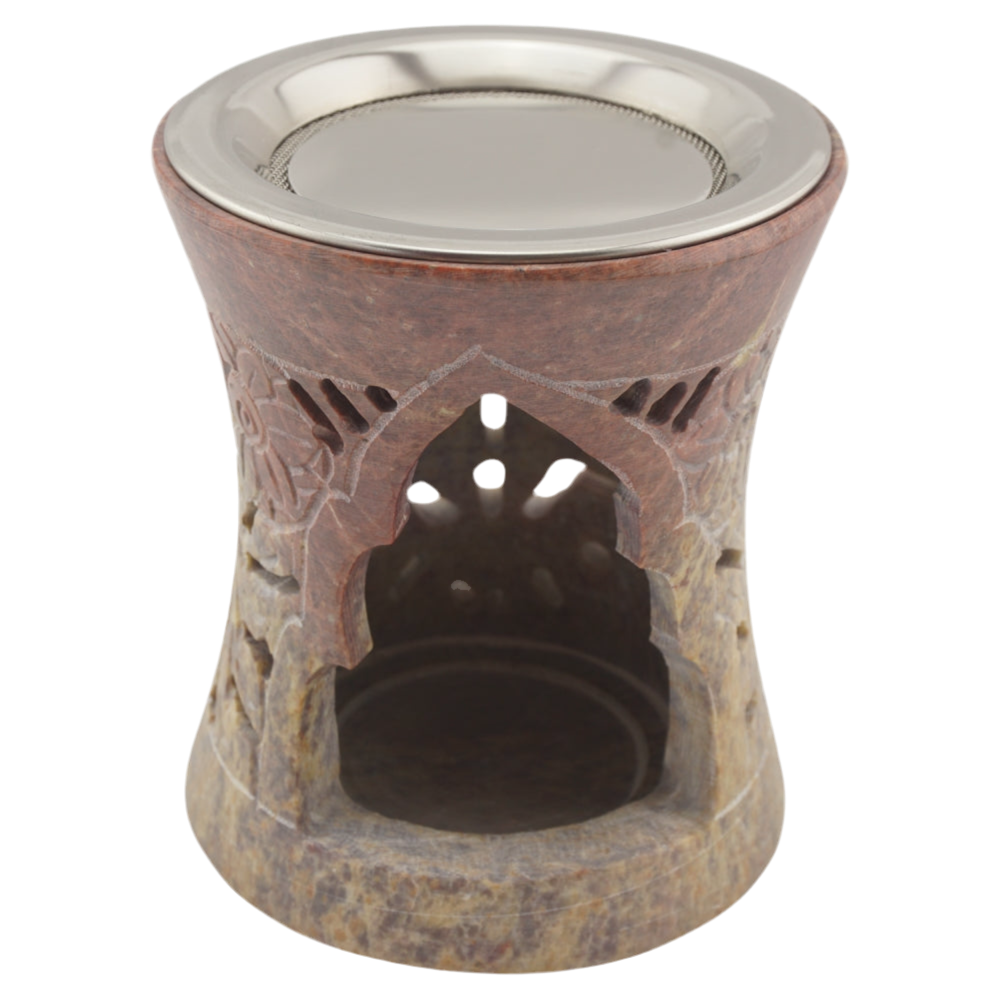 Räucherstövchen “Nilay” aus indischem Speckstein – Zarte Eleganz für sanftes Räuchern mit Edelstahlsieb & Metallscheibe