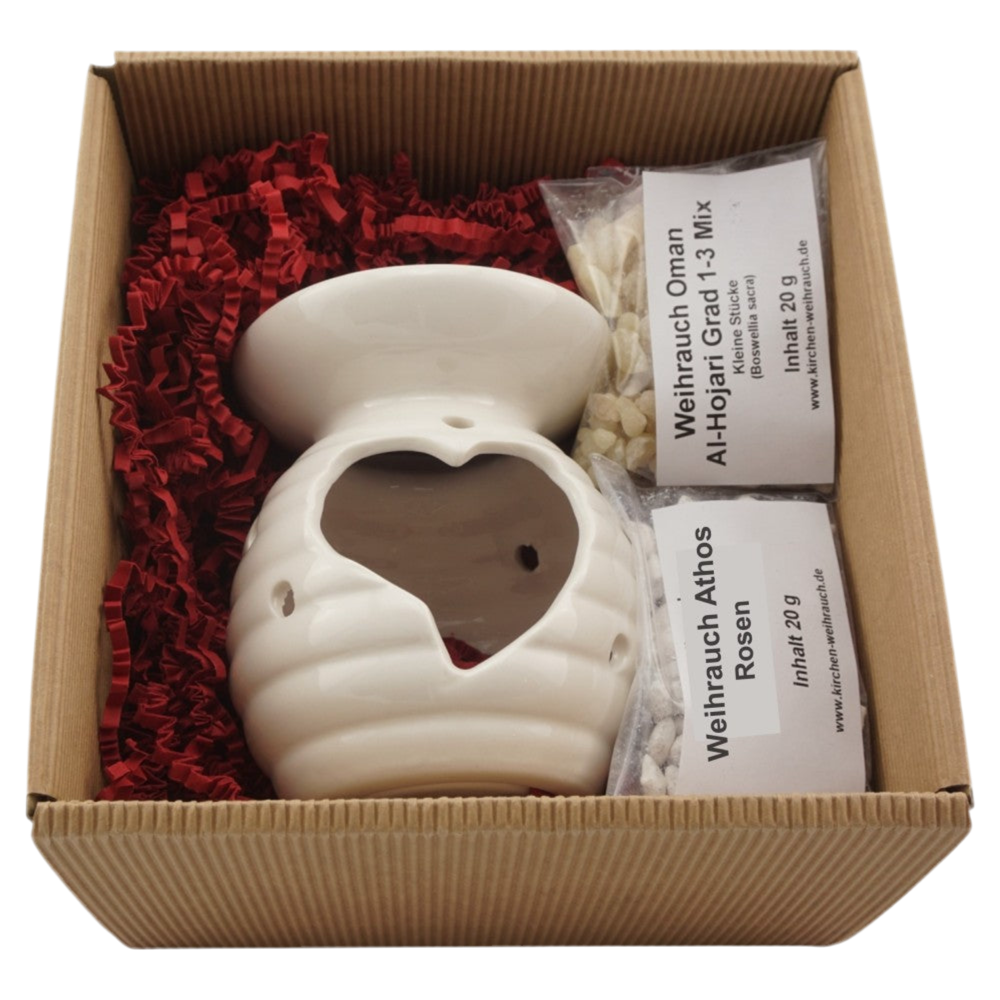 Geschenkset „Herz“ – Räucherstövchen Keramik mit Metallsieb, Metallscheibe & Weihrauch Athos Rosen & Al-Hojari – Hochwertige Geschenkbox