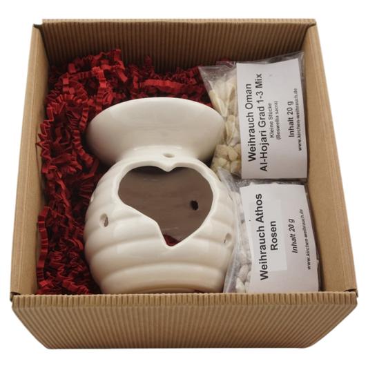 Geschenkset „Herz“ – Räucherstövchen Keramik mit Metallsieb, Metallscheibe & Weihrauch Athos Rosen & Al-Hojari – Hochwertige Geschenkbox