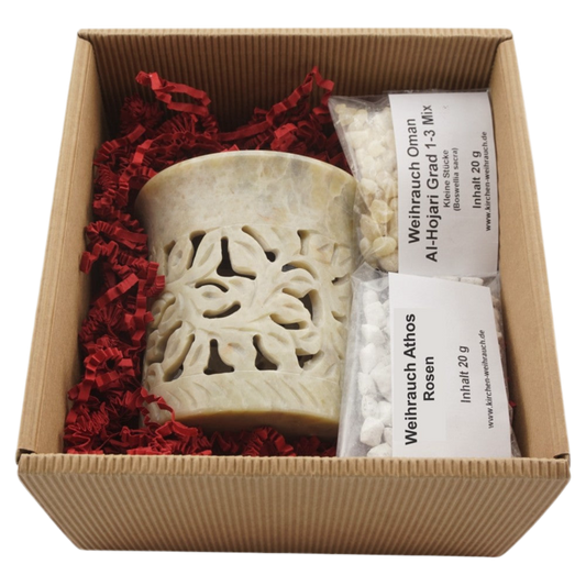 Geschenkset Räucherstövchen Speckstein „Blume“ – Mit Metallsieb, Metallscheibe & Premium Weihrauch Al-Hojari & Athos Rosen – Hochwertige Geschenkbox