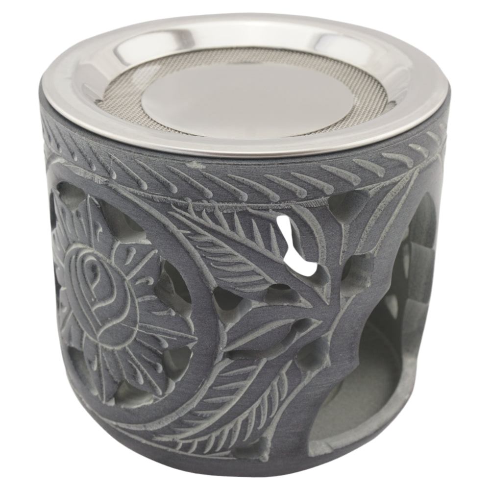 Räucherstövchen “Shiva” aus indischem Speckstein – Handgefertigt, spirituelle Energie – Mit Edelstahlsieb & Metallscheibe