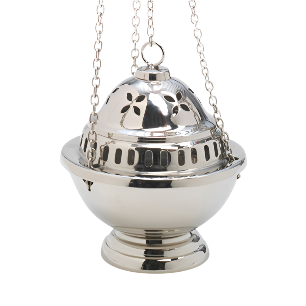 Weihrauchfass Byzanz H14 vernickelt – Handgefertigtes Räuchergefäß mit Blumenornamenten für Rituale & spirituelle Reinigung