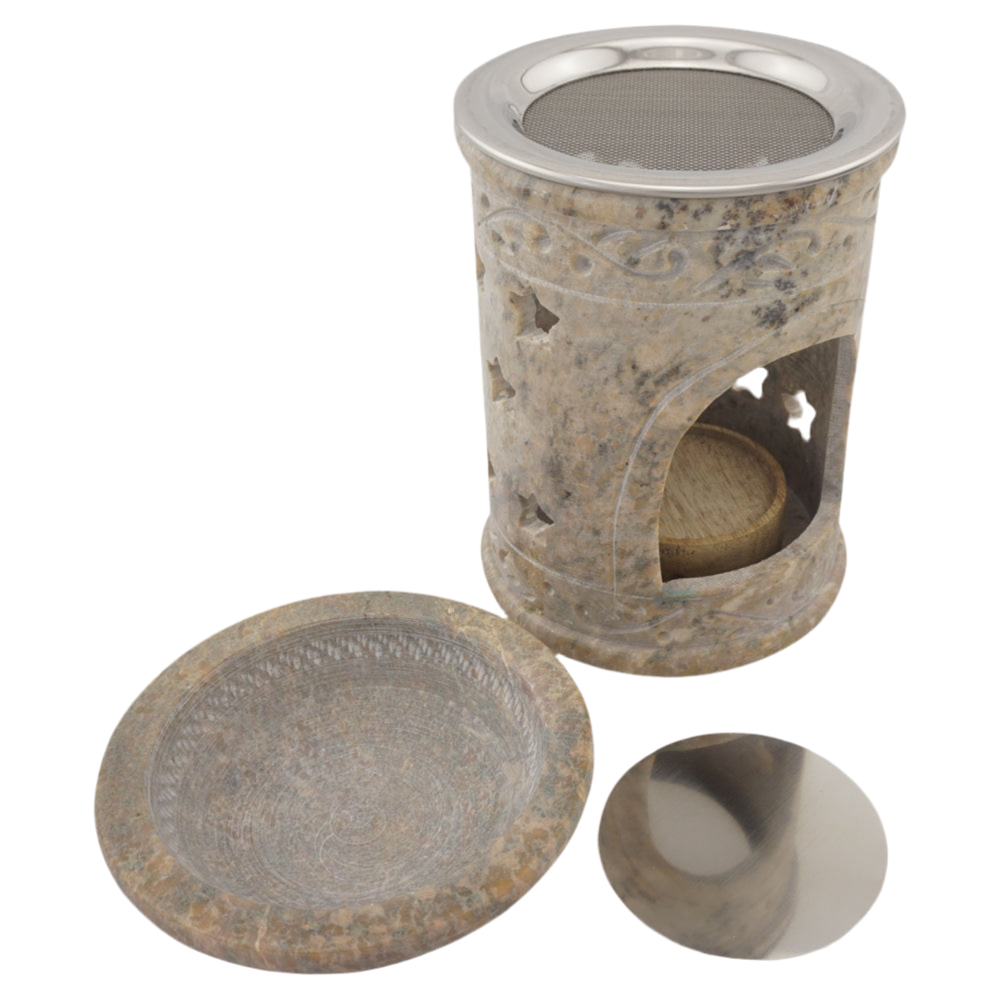 Duftlampe & Räucherstövchen „Sonne“ aus Speckstein – Mit Schale, Edelstahlsieb, Metallscheibe & Podest für sanftes Räuchern & Aromatherapie
