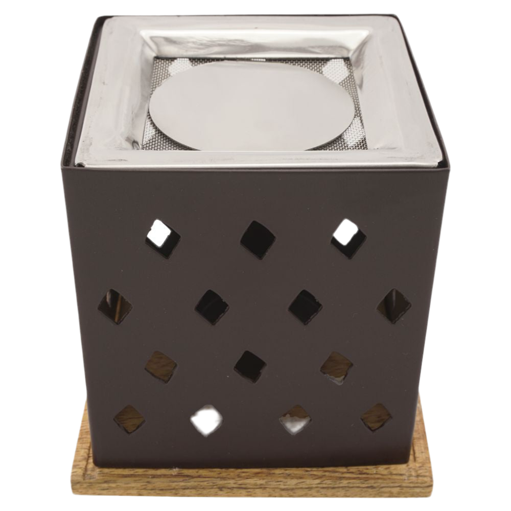 Räucherstövchen “Arvin” aus Metall & Holz – Geometrische Eleganz für sanftes Räuchern mit quadratischem Edelstahlsieb & Metallscheibe