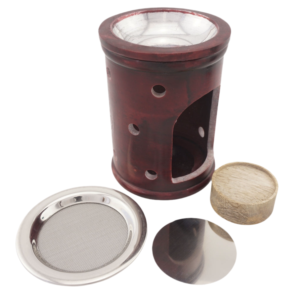 Duftlampe & Räucherstövchen „Ninurta“ aus Speckstein – Mit Schale, Edelstahlsieb, Metallscheibe & Podest – Für Duftöle, Weihrauch & Kräuter