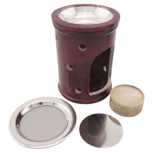 Duftlampe & Räucherstövchen „Ninurta“ aus Speckstein – Mit Schale, Edelstahlsieb, Metallscheibe & Podest – Für Duftöle, Weihrauch & Kräuter