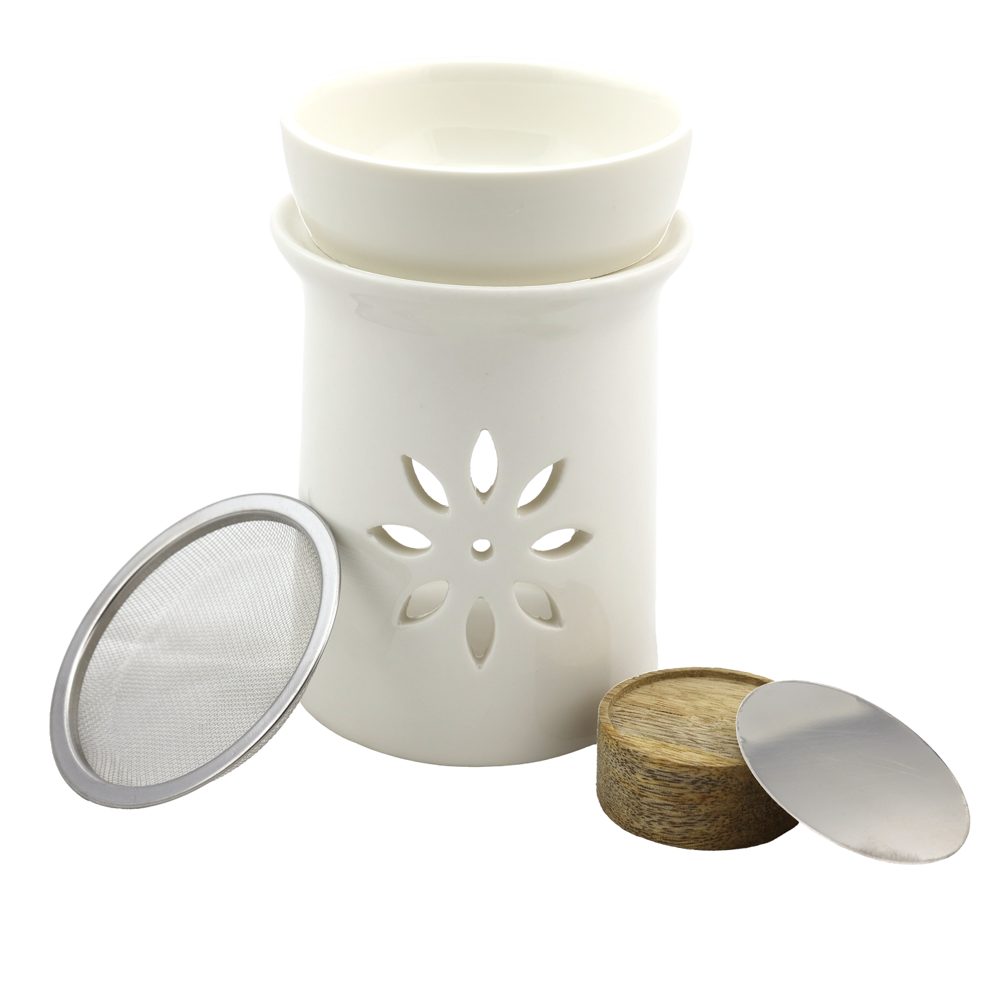 Keramik Duftlampe & Räucherstövchen „Sternenblume“ – Mit Schale, Edelstahlsieb, Metallscheibe & Podest – Für Duftöle, Weihrauch & Kräuter