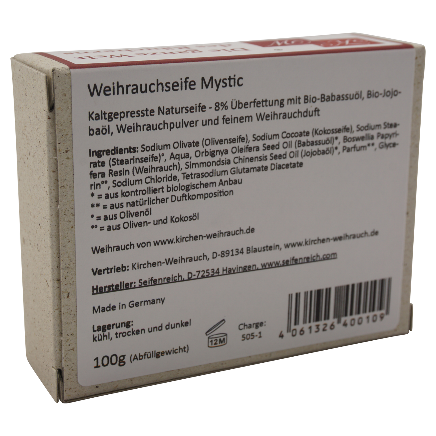 Handgemachte Weihrauchseife „Mystic“ – Aus echtem Weihrauchharz – Babassu- & Jojobaöl – 100% vegan & palmölfrei – 100 g