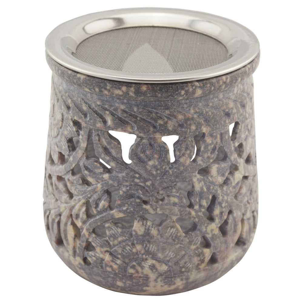 Räucherstövchen “Jamal” aus indischem Speckstein – Grautöne, handgefertigt – Mit Edelstahlsieb & Metallscheibe für sanftes Räuchern von Weihrauch & Kräutern