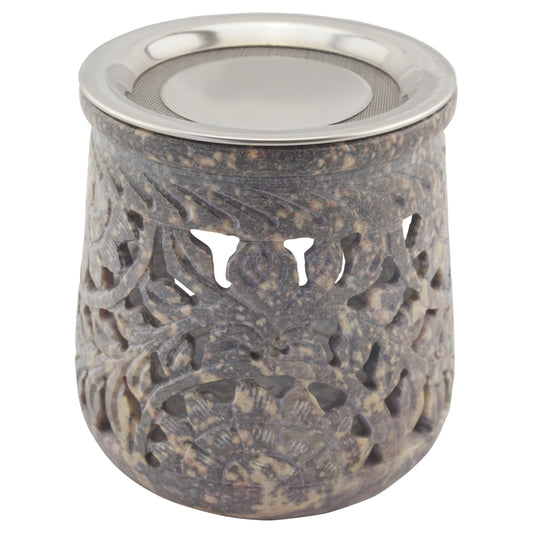 2. Wahl Räucherstövchen “Jamal” aus indischem Speckstein – Grautöne, handgefertigt – Mit Edelstahlsieb & Metallscheibe für sanftes Räuchern von Weihrauch & Kräutern