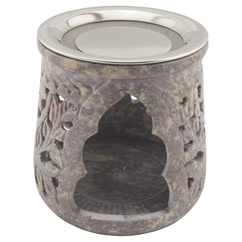 Räucherstövchen “Jamal” aus indischem Speckstein – Grautöne, handgefertigt – Mit Edelstahlsieb & Metallscheibe für sanftes Räuchern von Weihrauch & Kräutern