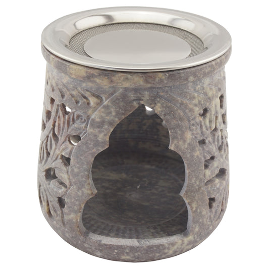 Räucherstövchen “Jamal” aus indischem Speckstein – Grautöne, handgefertigt – Mit Edelstahlsieb & Metallscheibe für sanftes Räuchern von Weihrauch & Kräutern