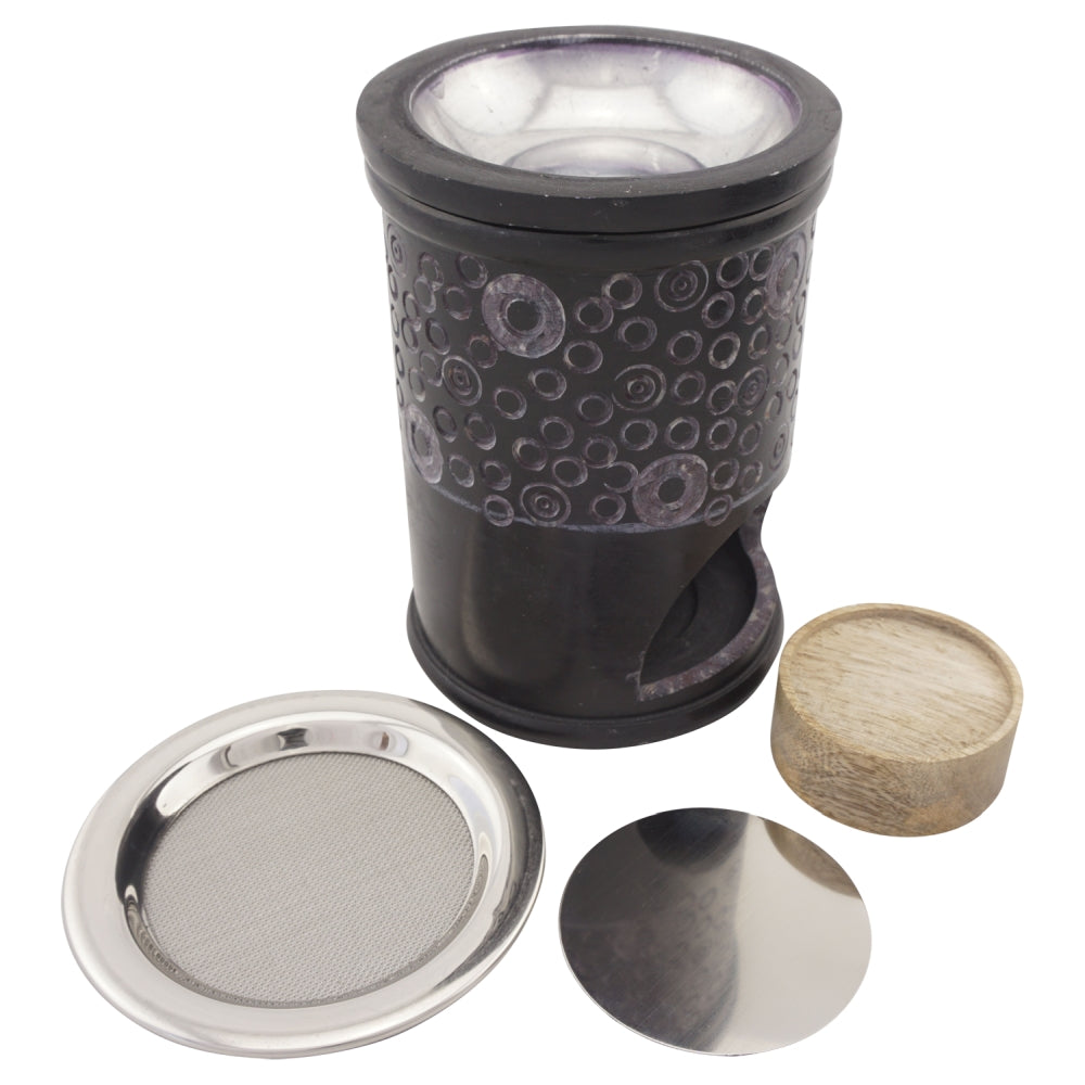 Duftlampe und Räucherstövchen aus indischem Speckstein mit Schale mit Metalleinsatz, Edelstahlsieb, Metallscheibe und Podest – Design „Ninti” – H 11 cm