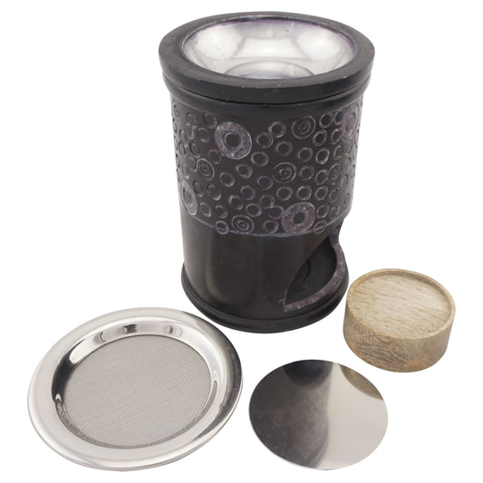 Duftlampe und Räucherstövchen aus indischem Speckstein mit Schale mit Metalleinsatz, Edelstahlsieb, Metallscheibe und Podest – Design „Ninti” – H 11 cm