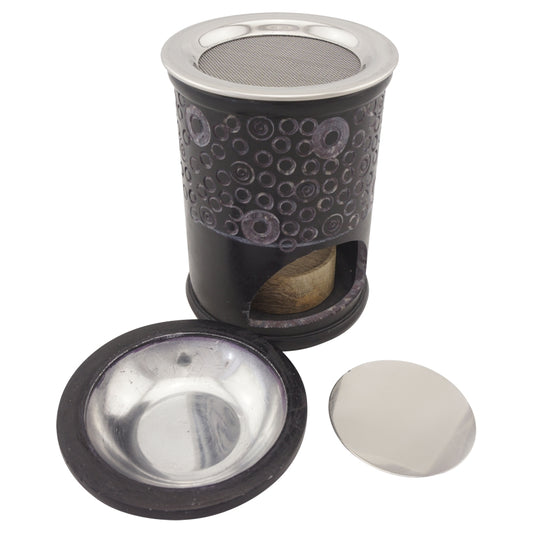 Duftlampe und Räucherstövchen aus indischem Speckstein mit Schale mit Metalleinsatz, Edelstahlsieb, Metallscheibe und Podest – Design „Ninti” – H 11 cm