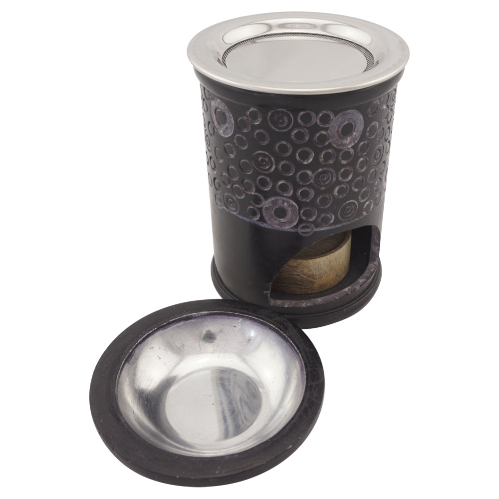Duftlampe und Räucherstövchen aus indischem Speckstein mit Schale mit Metalleinsatz, Edelstahlsieb, Metallscheibe und Podest – Design „Ninti” – H 11 cm