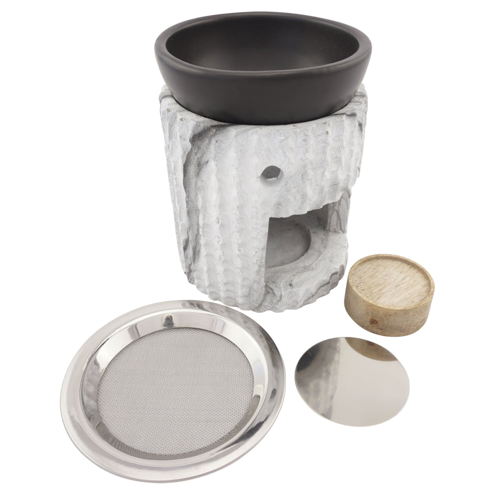 Duftlampe und Räucherstövchen aus Keramik/Steinoptik mit Schale, Edelstahlsieb, Metallscheibe und Podest – Design „Desna” – H 10/12,5 cm