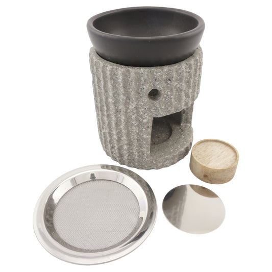 Duftlampe und Räucherstövchen Steinoptik mit Schale, Edelstahlsieb, Metallscheibe und Podest – Design „Ajala” – H 10/12,5 cm