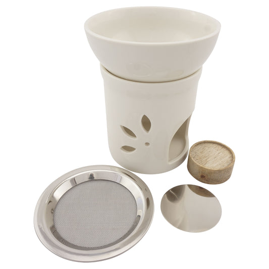 Duftlampe und Räucherstövchen aus Keramik mit Schale, Edelstahlsieb, Metallscheibe und Podest – Design „Anu” – H 9,5/13 cm