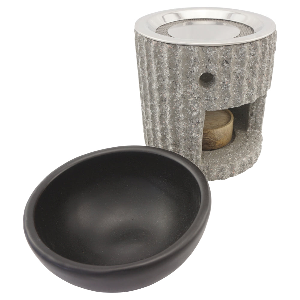 Duftlampe und Räucherstövchen Steinoptik mit Schale, Edelstahlsieb, Metallscheibe und Podest – Design „Ajala” – H 10/12,5 cm