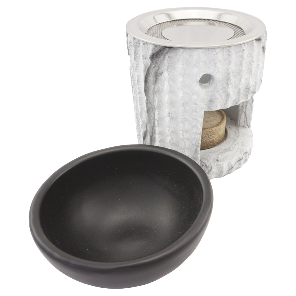 Duftlampe und Räucherstövchen aus Keramik/Steinoptik mit Schale, Edelstahlsieb, Metallscheibe und Podest – Design „Desna” – H 10/12,5 cm