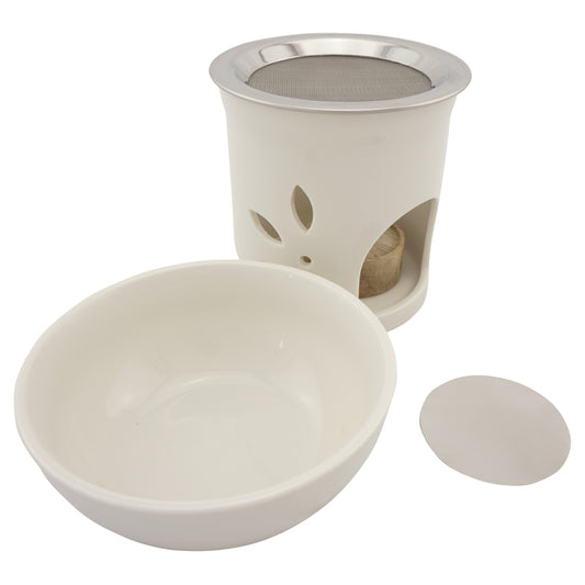 Duftlampe und Räucherstövchen aus Keramik mit Schale, Edelstahlsieb, Metallscheibe und Podest – Design „Anu” – H 9,5/13 cm