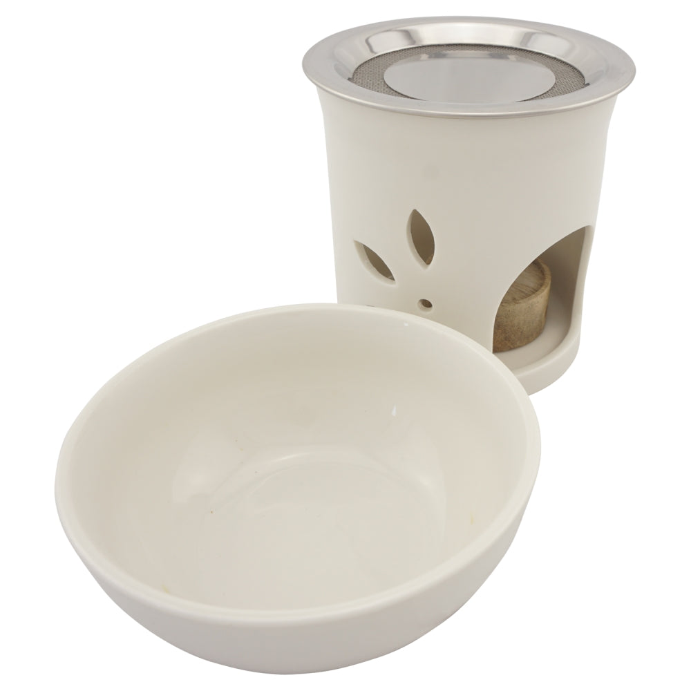 Duftlampe und Räucherstövchen aus Keramik mit Schale, Edelstahlsieb, Metallscheibe und Podest – Design „Anu” – H 9,5/13 cm