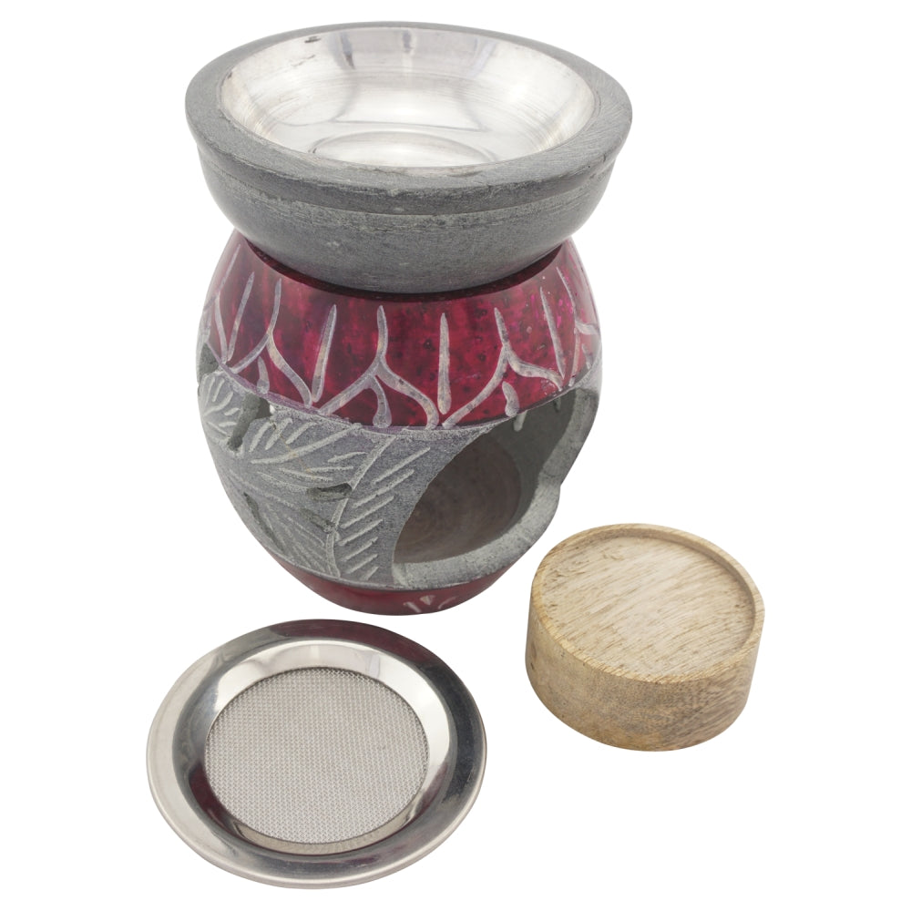 Duftlampe und Räucherstövchen aus indischem Speckstein mit Schale mit Metalleinsatz, Edelstahlsieb und Podest – Design „Lilith” – H 10 cm
