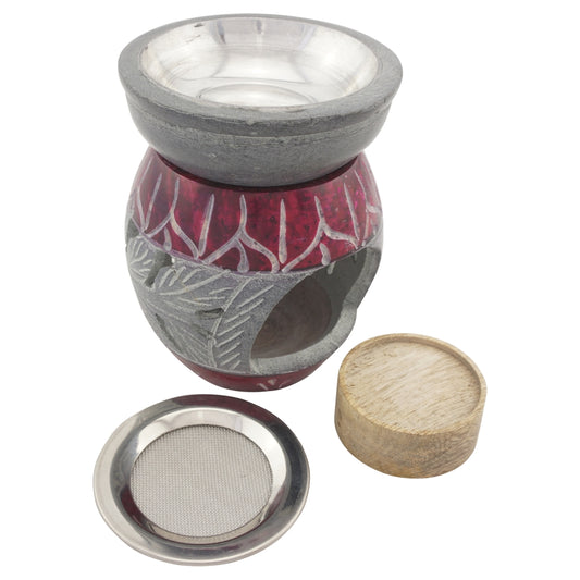 Duftlampe und Räucherstövchen aus indischem Speckstein mit Schale mit Metalleinsatz, Edelstahlsieb und Podest – Design „Lilith” – H 10 cm