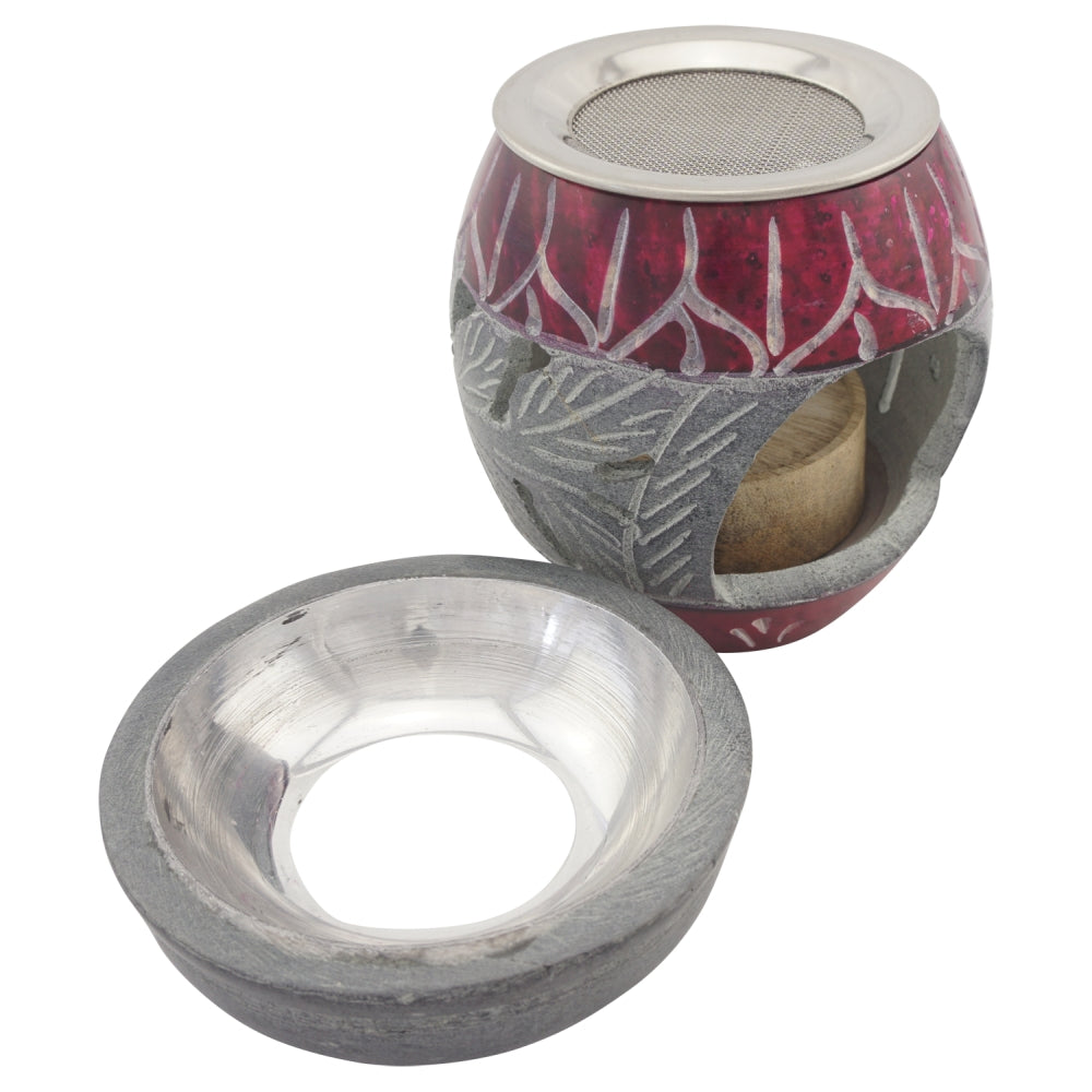 Duftlampe und Räucherstövchen aus indischem Speckstein mit Schale mit Metalleinsatz, Edelstahlsieb und Podest – Design „Lilith” – H 10 cm