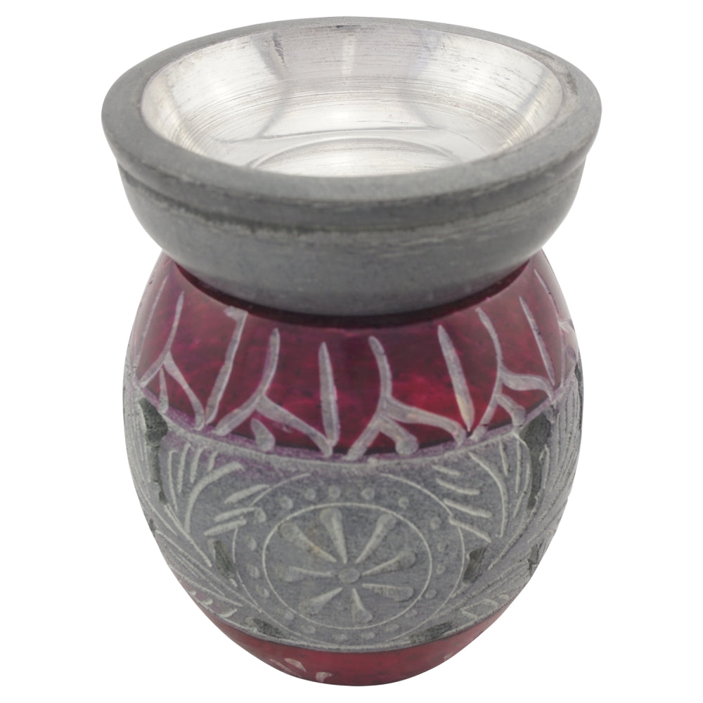 Duftlampe und Räucherstövchen aus indischem Speckstein mit Schale mit Metalleinsatz, Edelstahlsieb und Podest – Design „Lilith” – H 10 cm