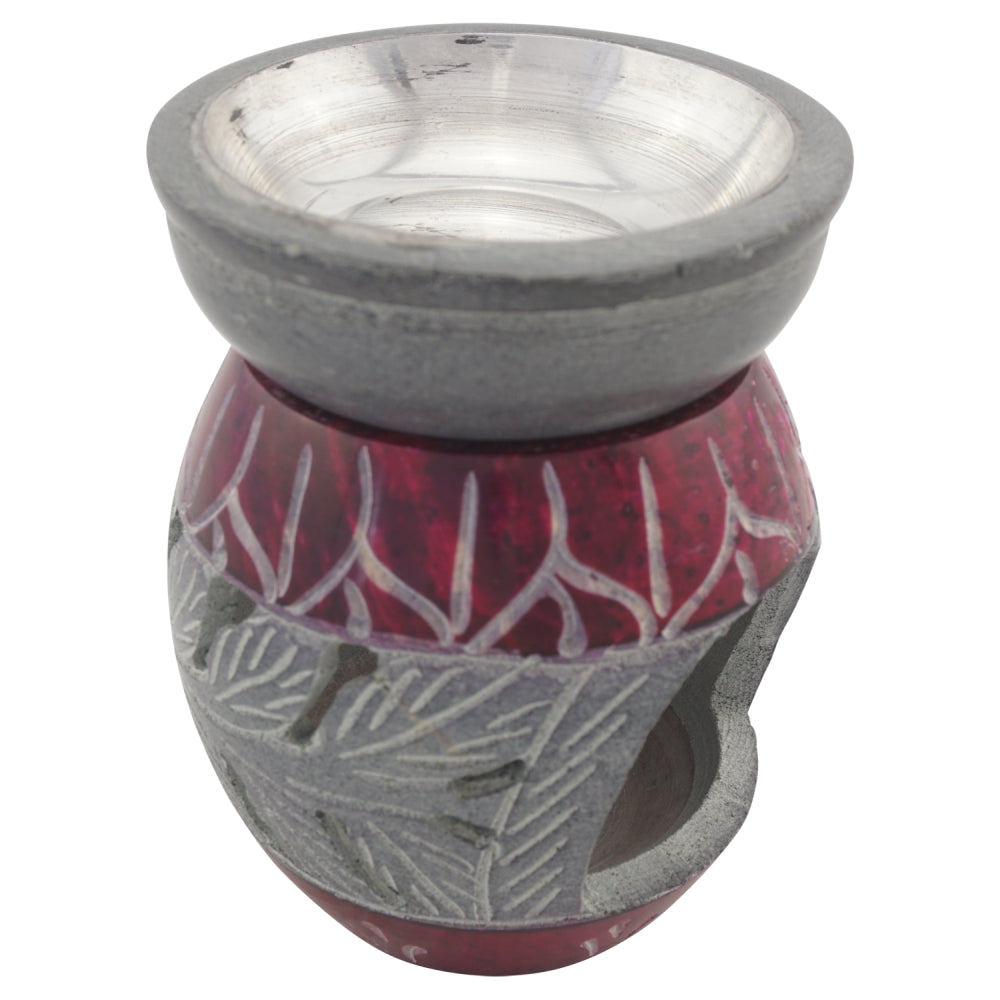 Duftlampe und Räucherstövchen aus indischem Speckstein mit Schale mit Metalleinsatz, Edelstahlsieb und Podest – Design „Lilith” – H 10 cm