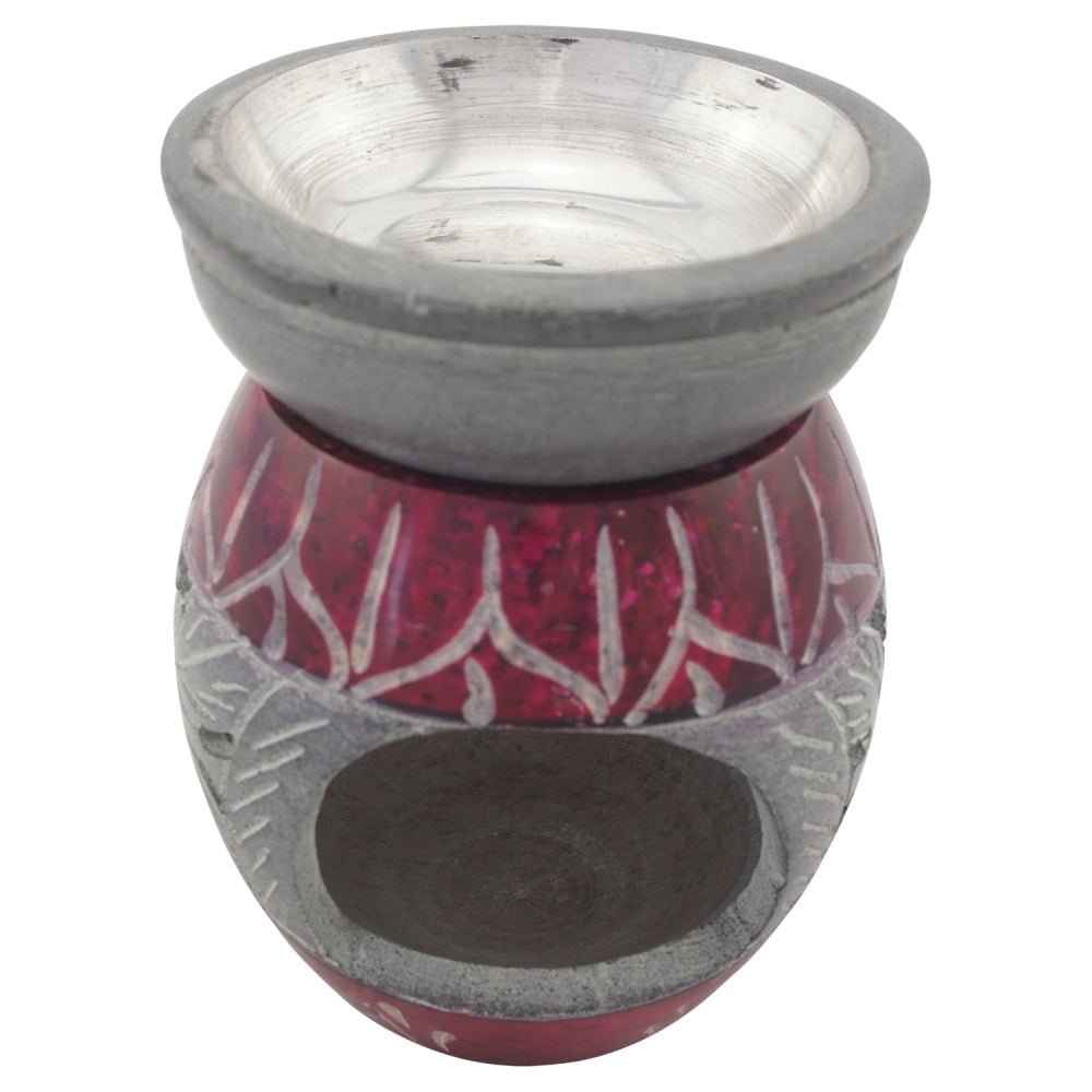 Duftlampe und Räucherstövchen aus indischem Speckstein mit Schale mit Metalleinsatz, Edelstahlsieb und Podest – Design „Lilith” – H 10 cm