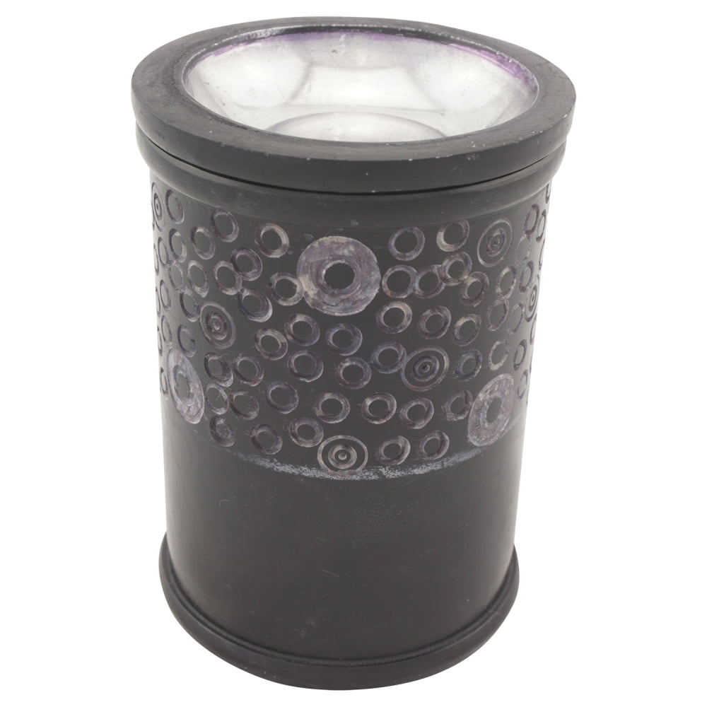 Duftlampe und Räucherstövchen aus indischem Speckstein mit Schale mit Metalleinsatz, Edelstahlsieb, Metallscheibe und Podest – Design „Ninti” – H 11 cm