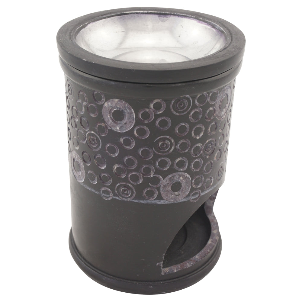 Duftlampe und Räucherstövchen aus indischem Speckstein mit Schale mit Metalleinsatz, Edelstahlsieb, Metallscheibe und Podest – Design „Ninti” – H 11 cm