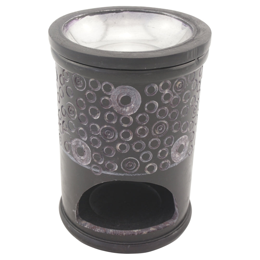 Duftlampe und Räucherstövchen aus indischem Speckstein mit Schale mit Metalleinsatz, Edelstahlsieb, Metallscheibe und Podest – Design „Ninti” – H 11 cm